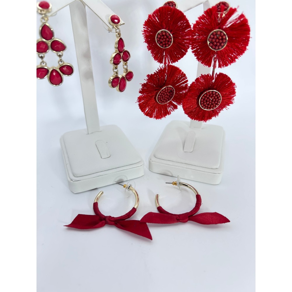 Three Red Statement Earring Set Tassel Fringe Hoops Chandelier Teardrop Pairs
